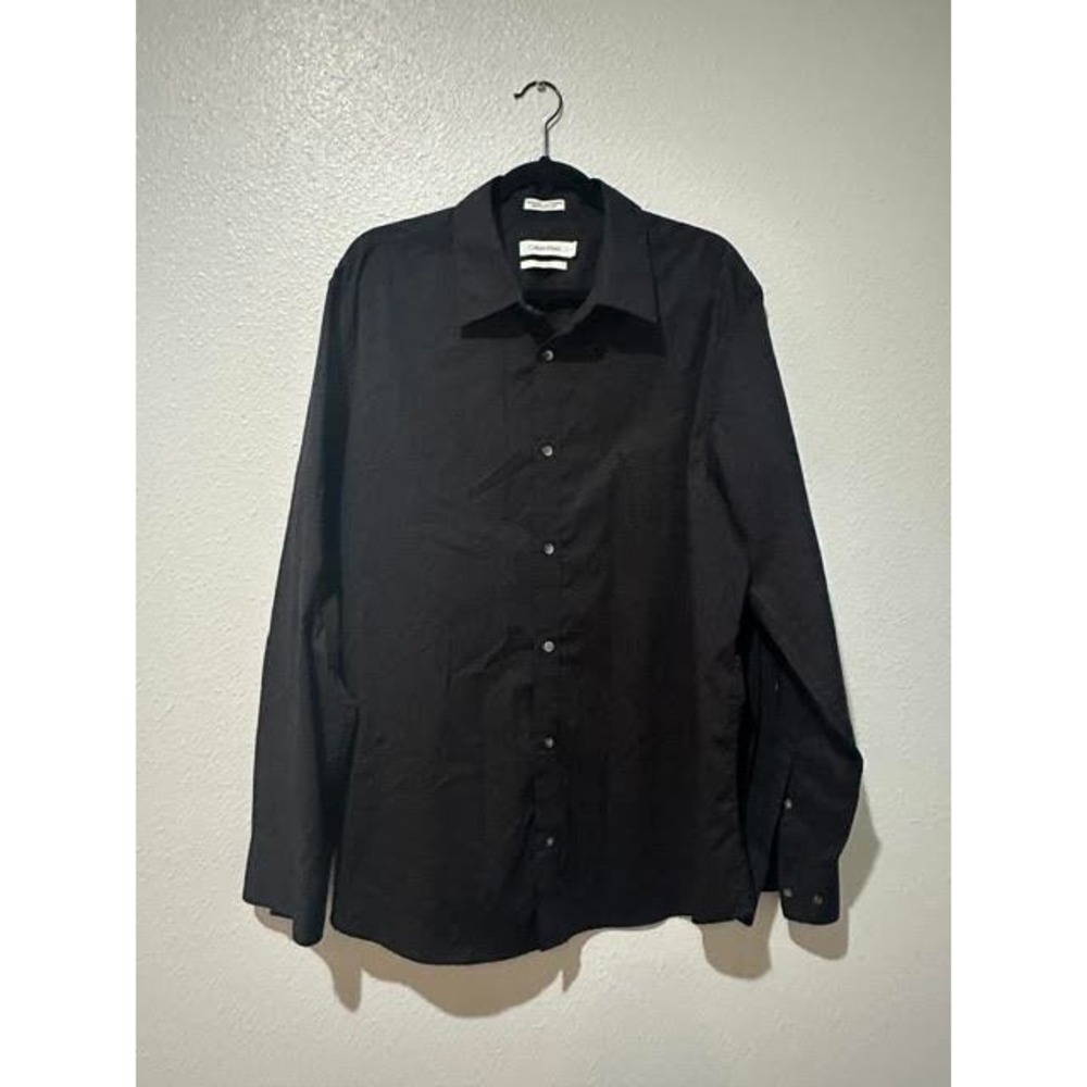 Calvin Klein Mens XL Black Non Iron Long Sleeve Button Down Dress Shirt Stretch